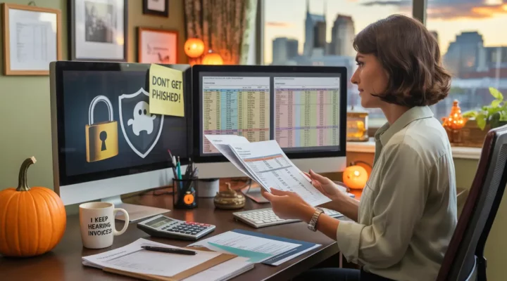 Accountant reviewing financial data in a Nashville office with subtle Halloween décor and cybersecurity symbols, representing safe accounting technology during Cybersecurity Awareness Month.