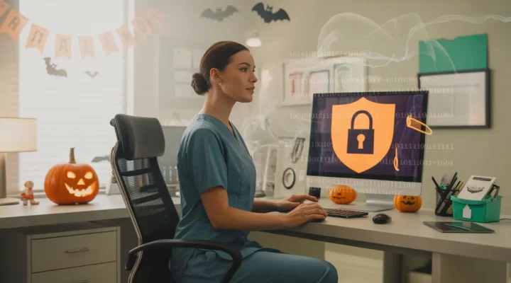 Medical staff in a Clarksville TN clinic reviewing cybersecurity protections with Halloween-themed decor.